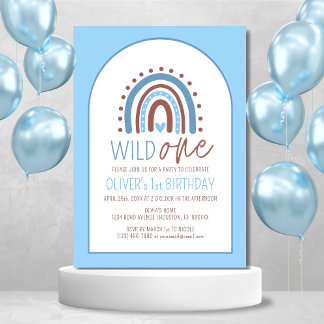 Niedlich Wild ONE Boho Rainbow Blue Boy Geburtstag Einladung
