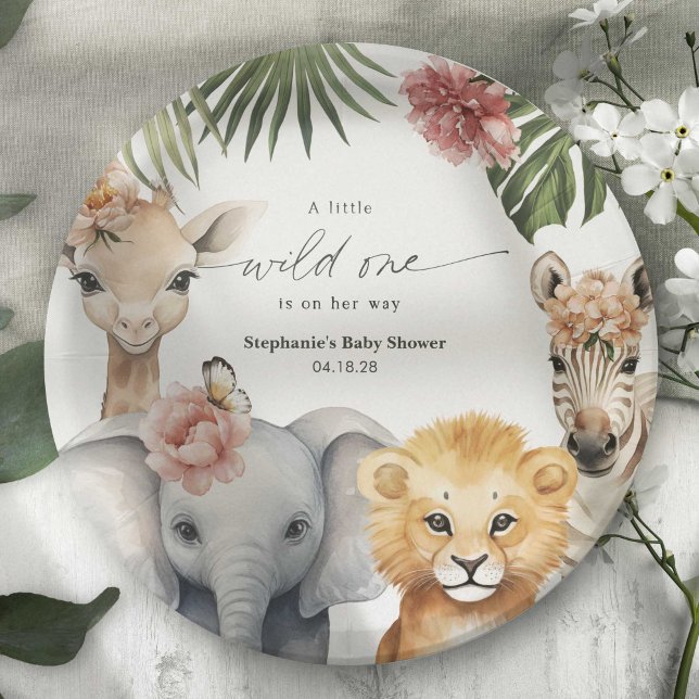 Niedlich Wild One Safari Baby Animals Girl Dusche Pappteller (A little Wild One is on her way, Safari animal baby girl shower party paper plates.)