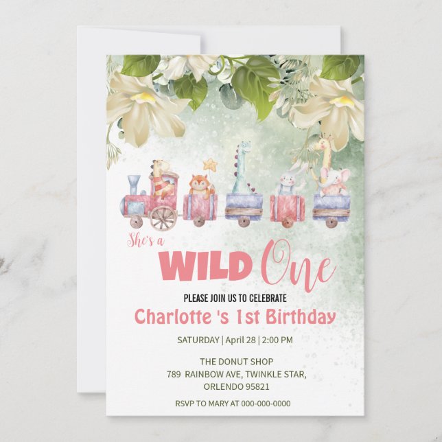 Niedlich Wild One Safari Tierzug 1. Geburtstag Einladung (Vorderseite)