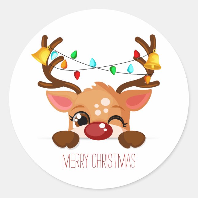 Niedlich Winking Reindeer Frohe Weihnachtsbeleucht Runder Aufkleber (Vorderseite)