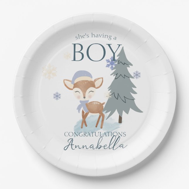 Niedlich Winter Baby Deer Boy Fawn Pappteller (Vorderseite)