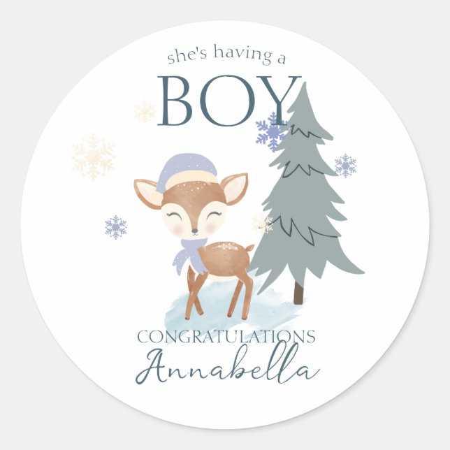 Niedlich Winter Baby Deer Boy Fawn Runder Aufkleber (Vorderseite)