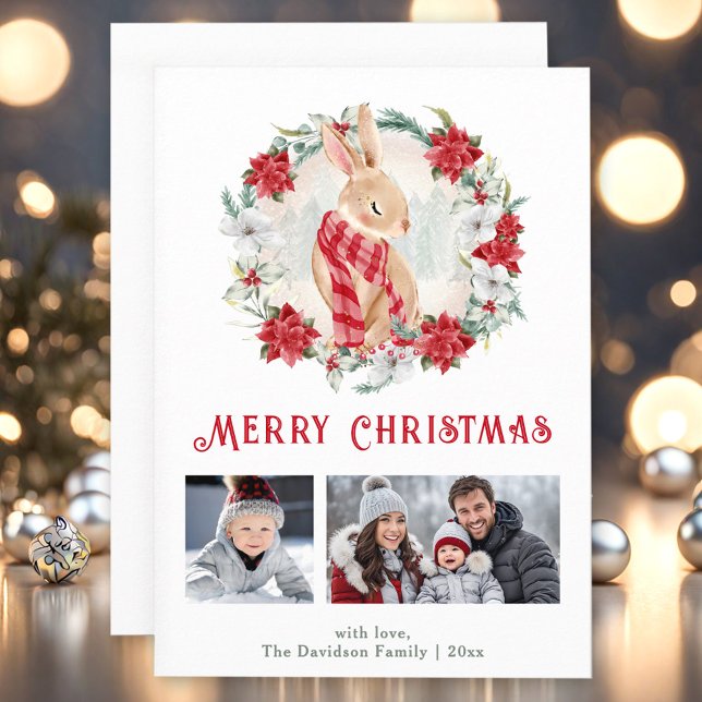 Niedlich Winter Bunny Poinsettia Weihnachtsfotokar Ankündigung (Cute Winter Bunny Poinsettia Christmas Photo Card)