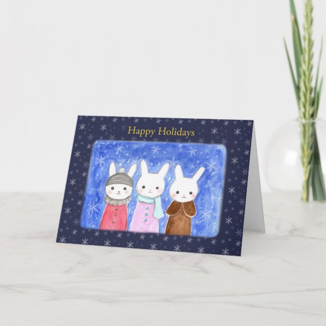 Niedlich Winter Bunny Rabbits Weihnachtsfeiertage Karte (Vorderseite)