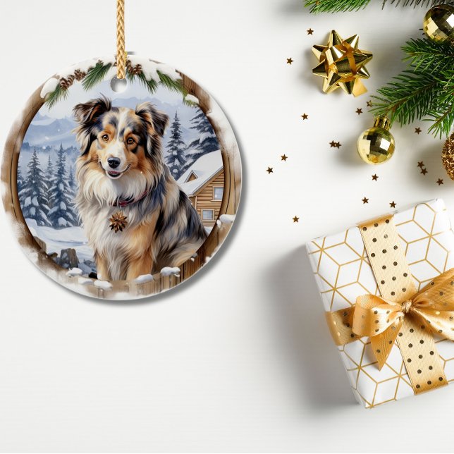 Niedlich Winter Christmas Australian Shepherd Keramik Ornament (Cute Winter Christmas Australian Shepherd Ceramic Ornament )