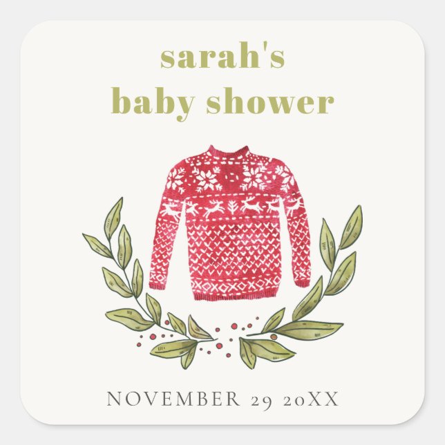 Niedlich Winter Red Green Ugly Sweater Baby Dusche Quadratischer Aufkleber (Vorderseite)