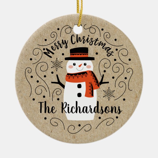 Niedlich Winter Weihnachtsschneemann Keramik Ornament (Vorne)
