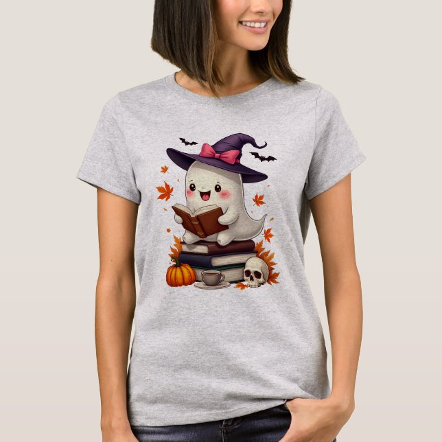 Niedlich Witz Ghost Reading Book Halloween T-Shirt (Vorderseite)