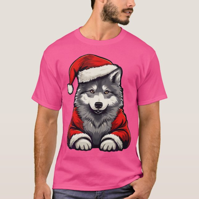 Niedlich Wolf Weihnachtswölfe Weihnachtsmannmütze  T-Shirt (Vorderseite)