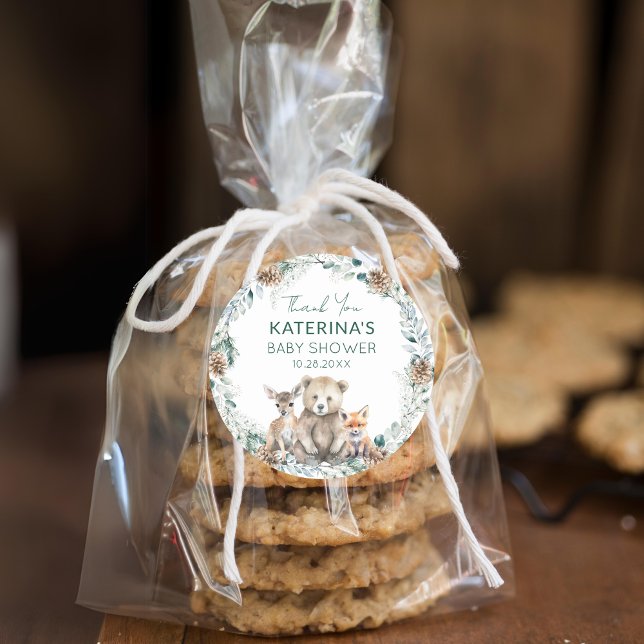 Niedlich Woodland Animals Kinderdusche Danke für I Runder Aufkleber (Add these cute woodland animal thank you stickers to baked goods for an easy baby shower favor.)