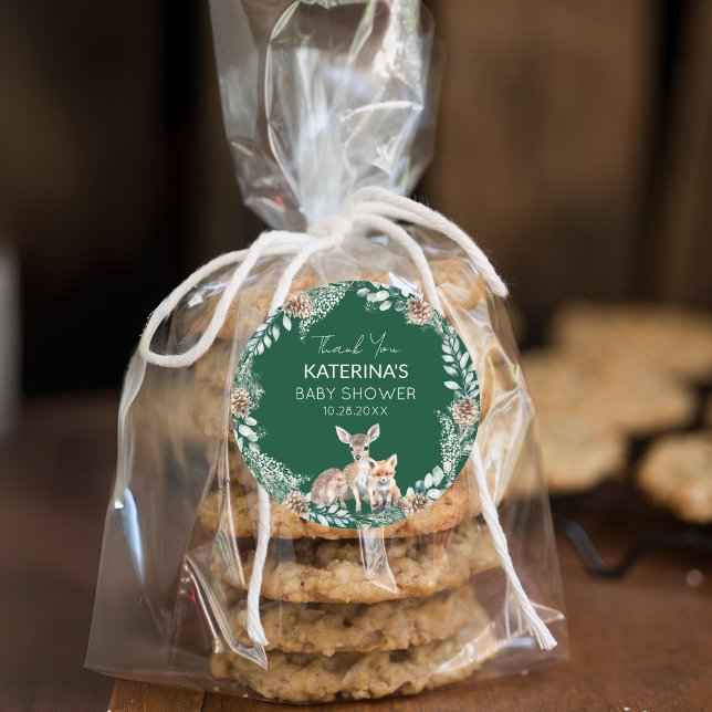 Niedlich Woodland Animals Kinderdusche Danke für I Runder Aufkleber (Add these cute woodland animal thank you stickers to baked goods for an easy baby shower favor.)