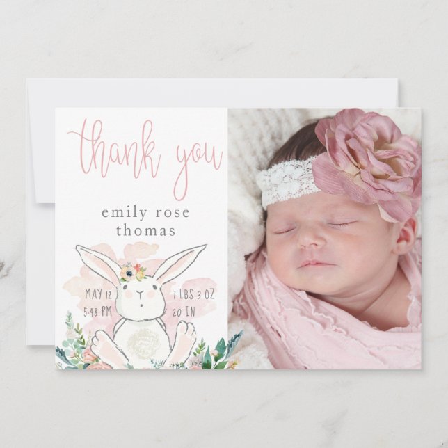 Niedlich Woodland Bunny Pink Baby Vielen Dank Dankeskarte (Vorderseite)
