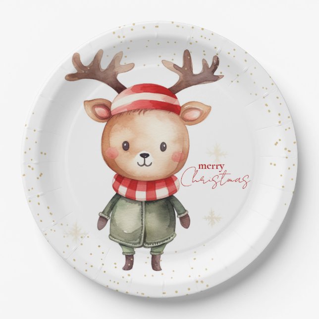 Niedlich Woodland Rentier Weihnachtself Pappteller (Vorderseite)