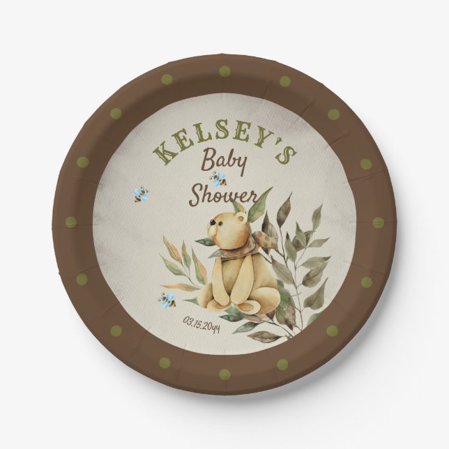 Niedlich Woodland Teddy Bear Boy Babydusche Pappteller (Vorderseite)
