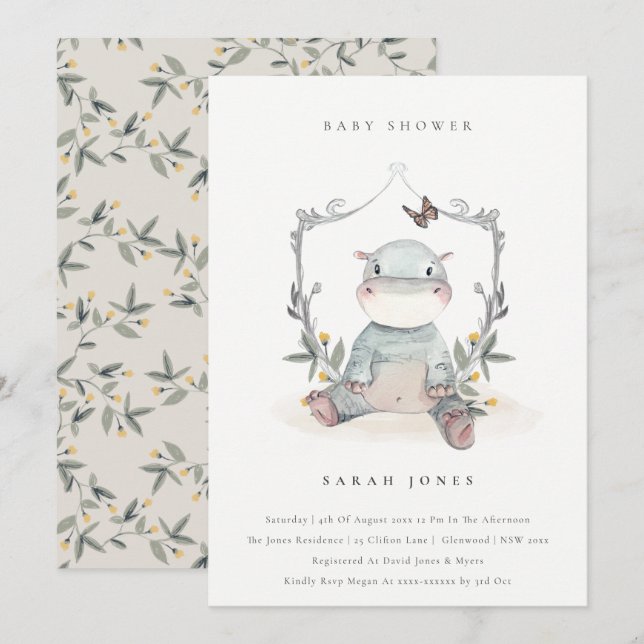 Niedlich Yellow Baby Hippo Foliage Babydusche einl Dankeskarte (Vorne/Hinten)