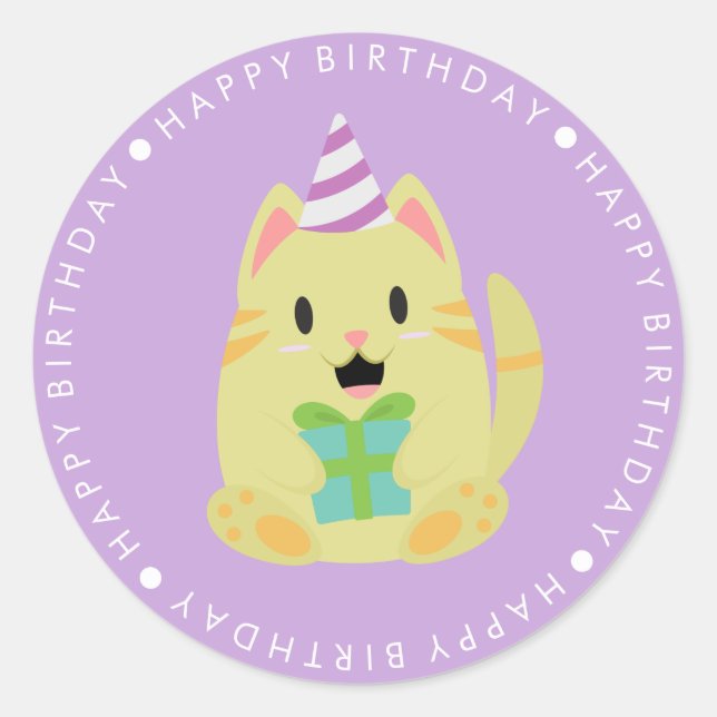 Niedlich Yellow Cat Happy Birthday Runder Aufkleber (Vorderseite)