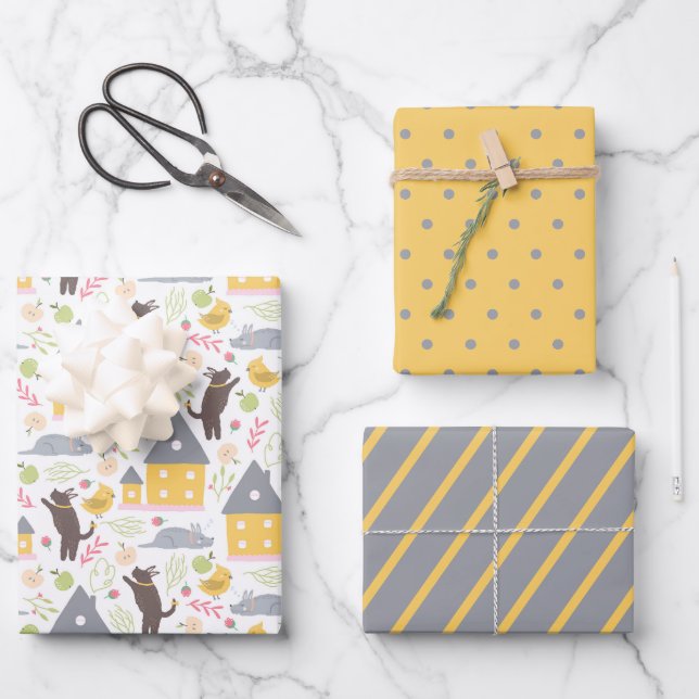 Niedlich Yellow House Puppy Bird Baby Dusche Geschenkpapier Set (Vorderseite)