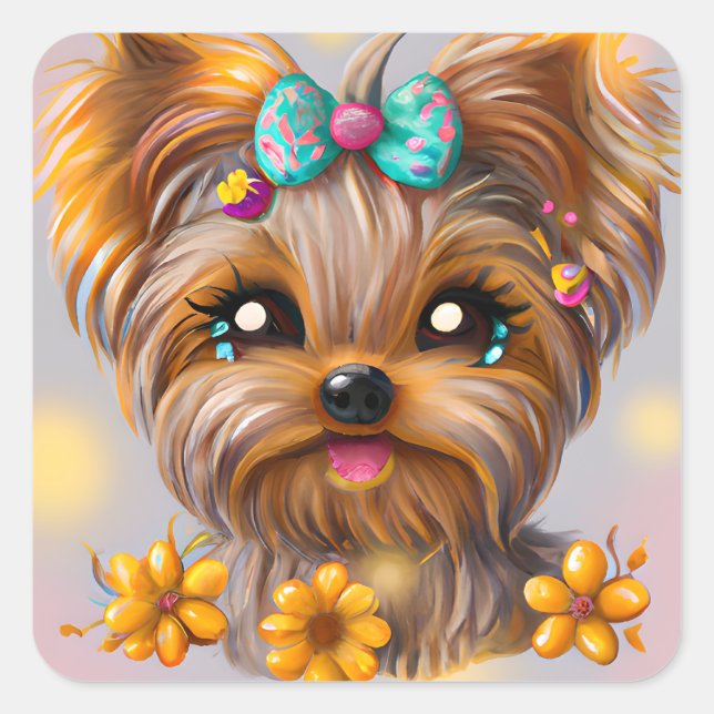 Niedlich Yorkie Kawaii Puppy Quadratischer Aufkleber (Vorderseite)