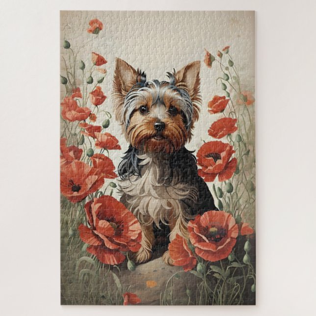 Niedlich Yorkshire Terrier Botanical Red Poppies (Vertikal)