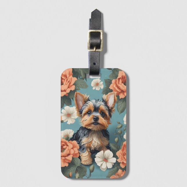 Niedlich Yorkshire Terrier Puppy Floral Gepäckanhänger (Vorderseite Vertikal)