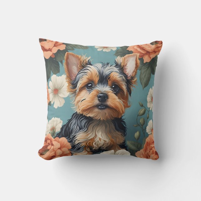 Niedlich Yorkshire Terrier Puppy Floral Kissen (Vorderseite)
