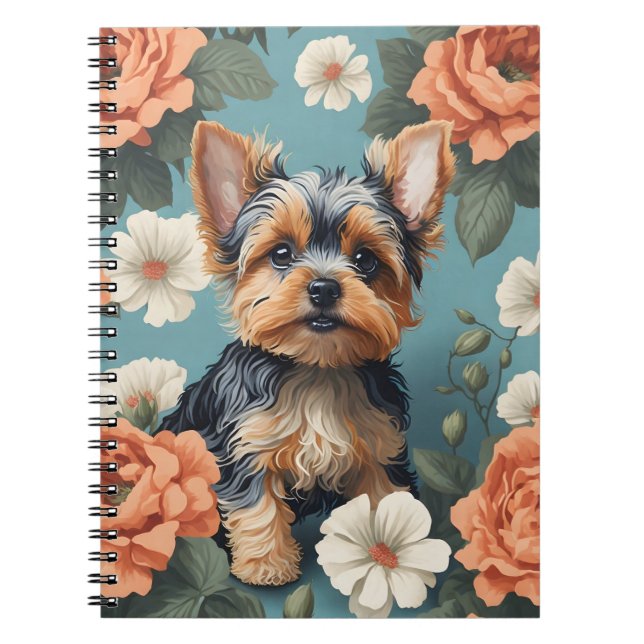Niedlich Yorkshire Terrier Puppy Floral Notizblock (Vorderseite)