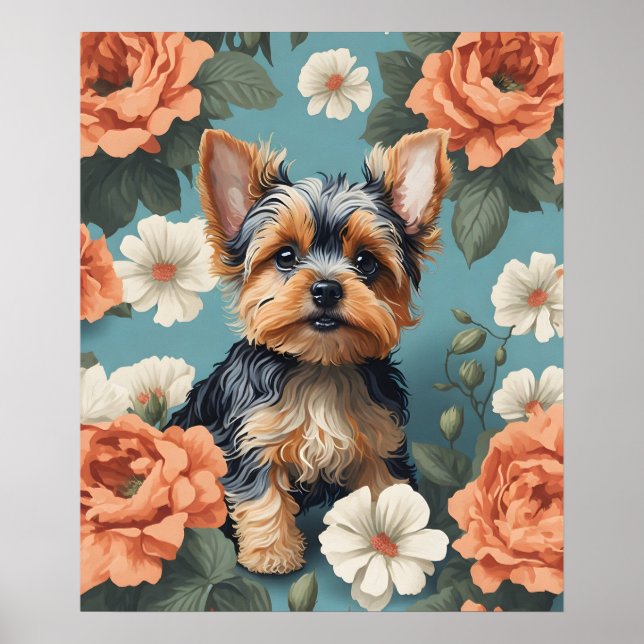 Niedlich Yorkshire Terrier Puppy Floral Poster (Vorne)