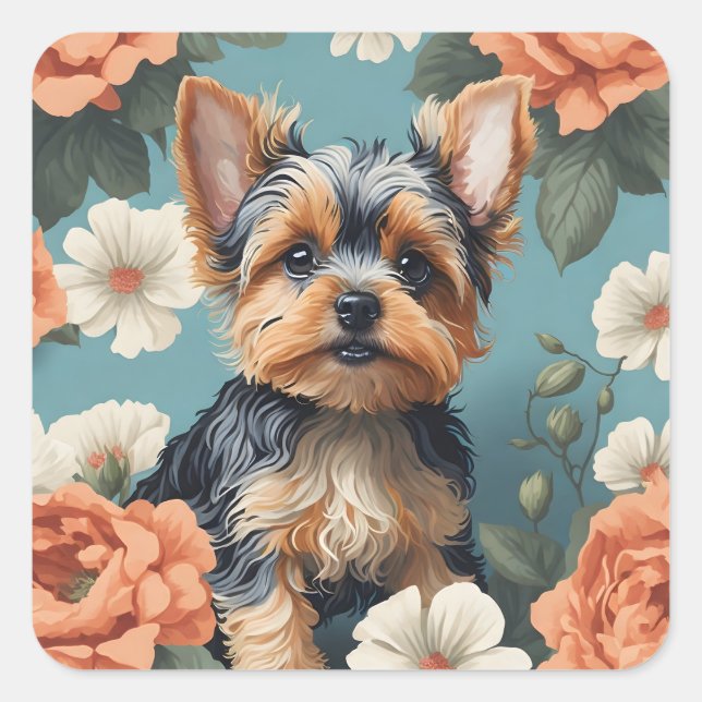 Niedlich Yorkshire Terrier Puppy Floral Quadratischer Aufkleber (Vorderseite)