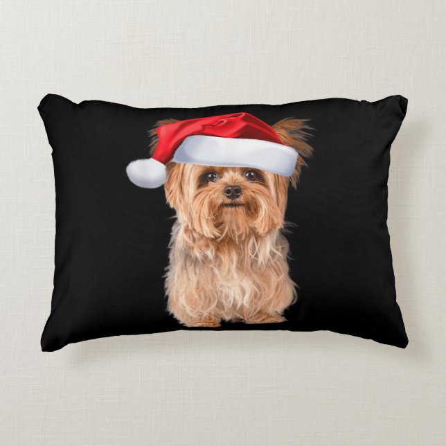 Niedlich Yorkshire Terrier Santa Puppy Dekokissen (Vorderseite)
