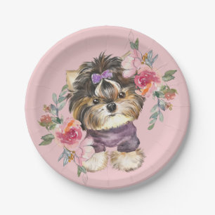 Niedlich Yorkshire Terrier Yorkie und Blume Kunst  Pappteller