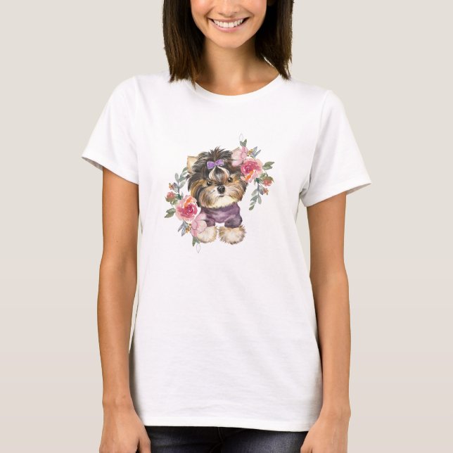 Niedlich Yorkshire Terrier Yorkie und Blume Kunst  T-Shirt (Vorderseite)