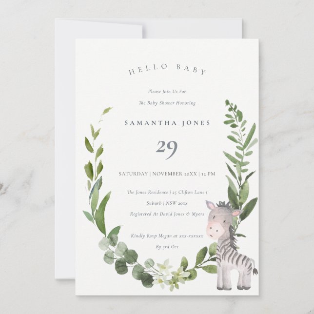 Niedlich Zebra Foliage Wreath Hello Baby Showeinla Dankeskarte (Vorderseite)