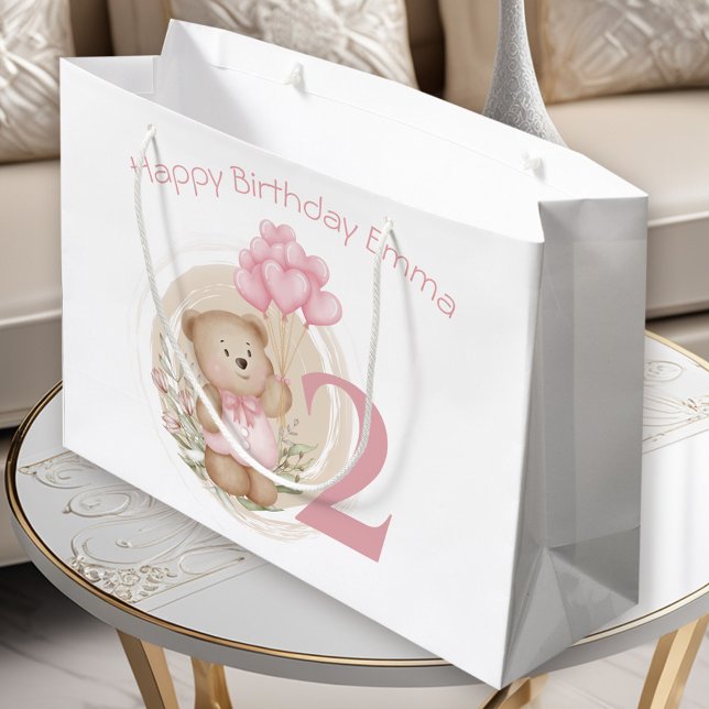 Niedliche 2. Geburtstag Pink Bären Geschenktasche  Große Geschenktüte (Cute 2nd Birthday Pink Bear Gift Bag For Girl)