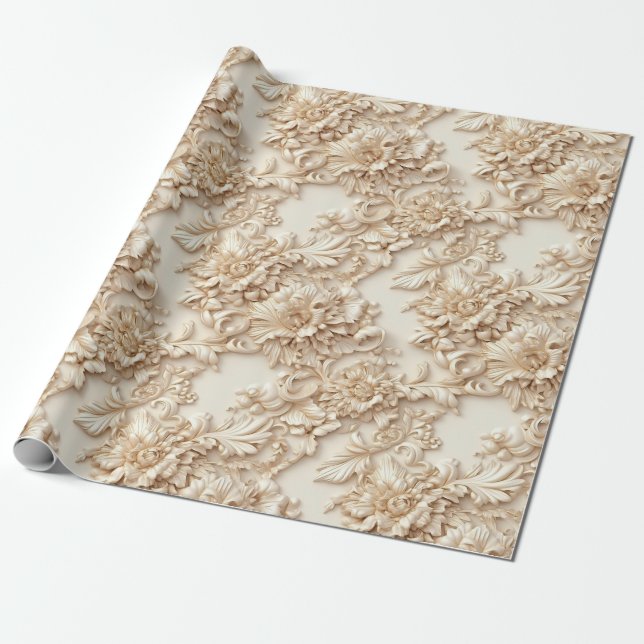 Niedliche 3-D Ivory/Gold Weihnachten Florals Geschenkpapier (Ungerollt)