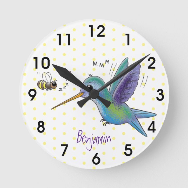 Niedliche Abbildung des Cartoon von Hummingbird Runde Wanduhr (Vorderseite)