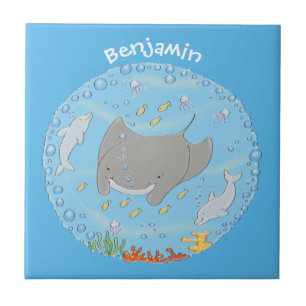 Niedliche Abbildung von Mantarochen und Blasen Car Fliese