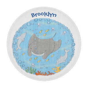 Niedliche Abbildung von Mantarochen und Blasen Car Schneidebrett