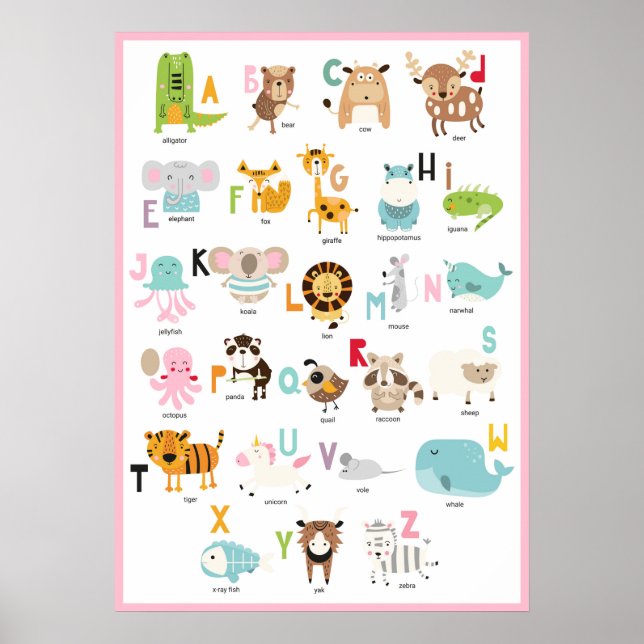 Niedliche ABCs | Farbenfrohe Rosa Rahmen Tier Alph Poster (Vorne)