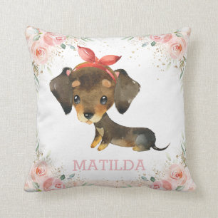 Niedliche Adorable Dackel Hund Rosa Blütenmäuse Kissen