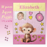 Niedliche Affen Foto Name Rosa Gelbe Kinder<br><div class="desc">30 Stück Puzzle für Kinder. Mit einem niedlichen Affen,  mit Sternen und Lieben. Fügen Sie einen Namen,  ein Initial und ein Foto hinzu. Farbschema: rosa und gelb Geschenkidee für Kinder.</div>