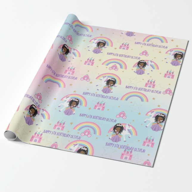 Niedliche Afrikanische Prinzessin und Unicorn Rain Geschenkpapier (Ungerollt)