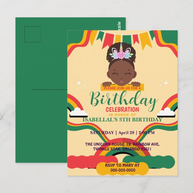 Niedliche afro einhornamerikanische Mädchen Geburt Postkarte (Vorne/Hinten)