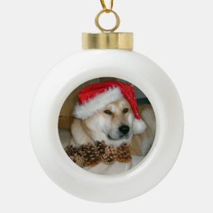 Niedliche akita in roter Weihnachtsmannmütze mit  Keramik Kugel-Ornament