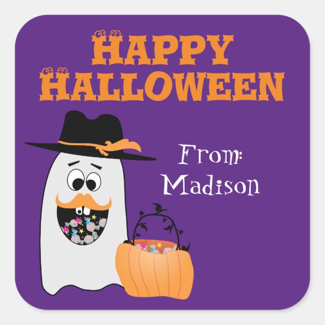 Niedliche Alberne Halloween Ghost Sweet Zahn Kinde Quadratischer Aufkleber (Vorderseite)