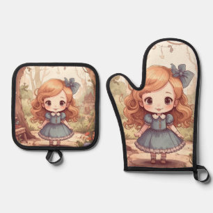 Niedliche Alice Abenteuer Wunderland Waldland Kuns Ofenhandschuh & Topflappen-Set
