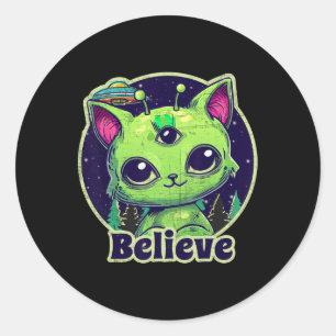 Niedliche Alien Cat Belive in Ufo Kawaii Runder Aufkleber