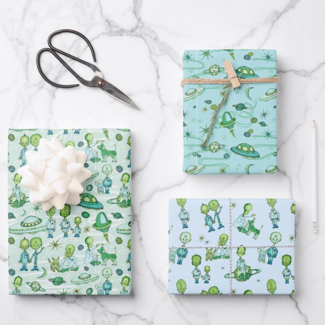 Niedliche Alien Geschenkpapier Set (Vorderseite)