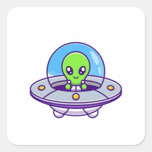 Niedliche Alien im UFO Quadratischer Aufkleber