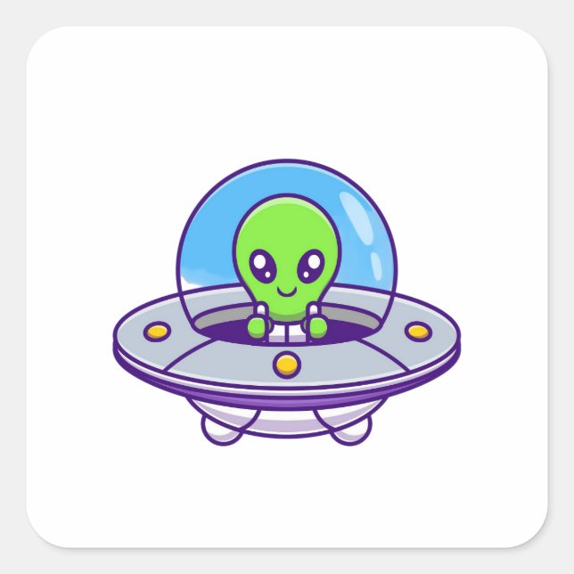 Niedliche Alien im UFO Quadratischer Aufkleber (Vorderseite)