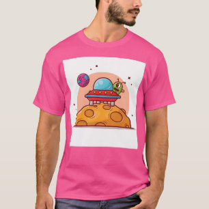 Niedliche Alien Ufo Raumschiff Landed Moon Cartoon T-Shirt